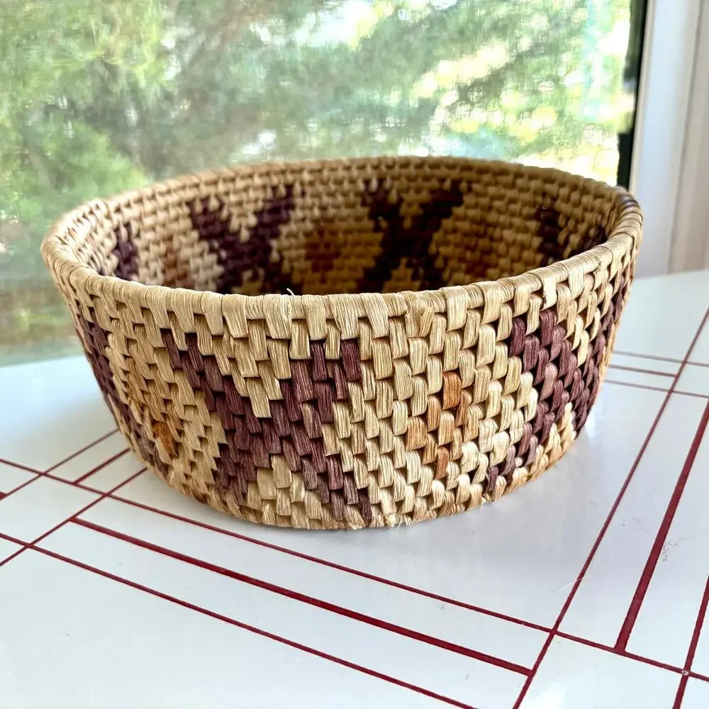 Vintage Woven Basket Bowl Natural Fiber Geometric Pattern 10 Inch